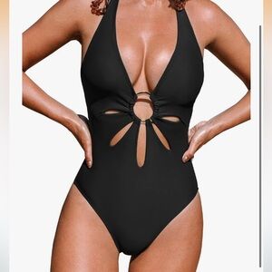 Black Cut-Out One-Piece Swimsuit with gold accent